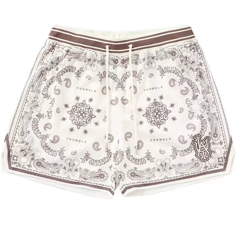 Summer New Retro American Cashew Flower Shorts for Men and Women's Fitness Running Sports Basketball Pants Over Knee Quarters