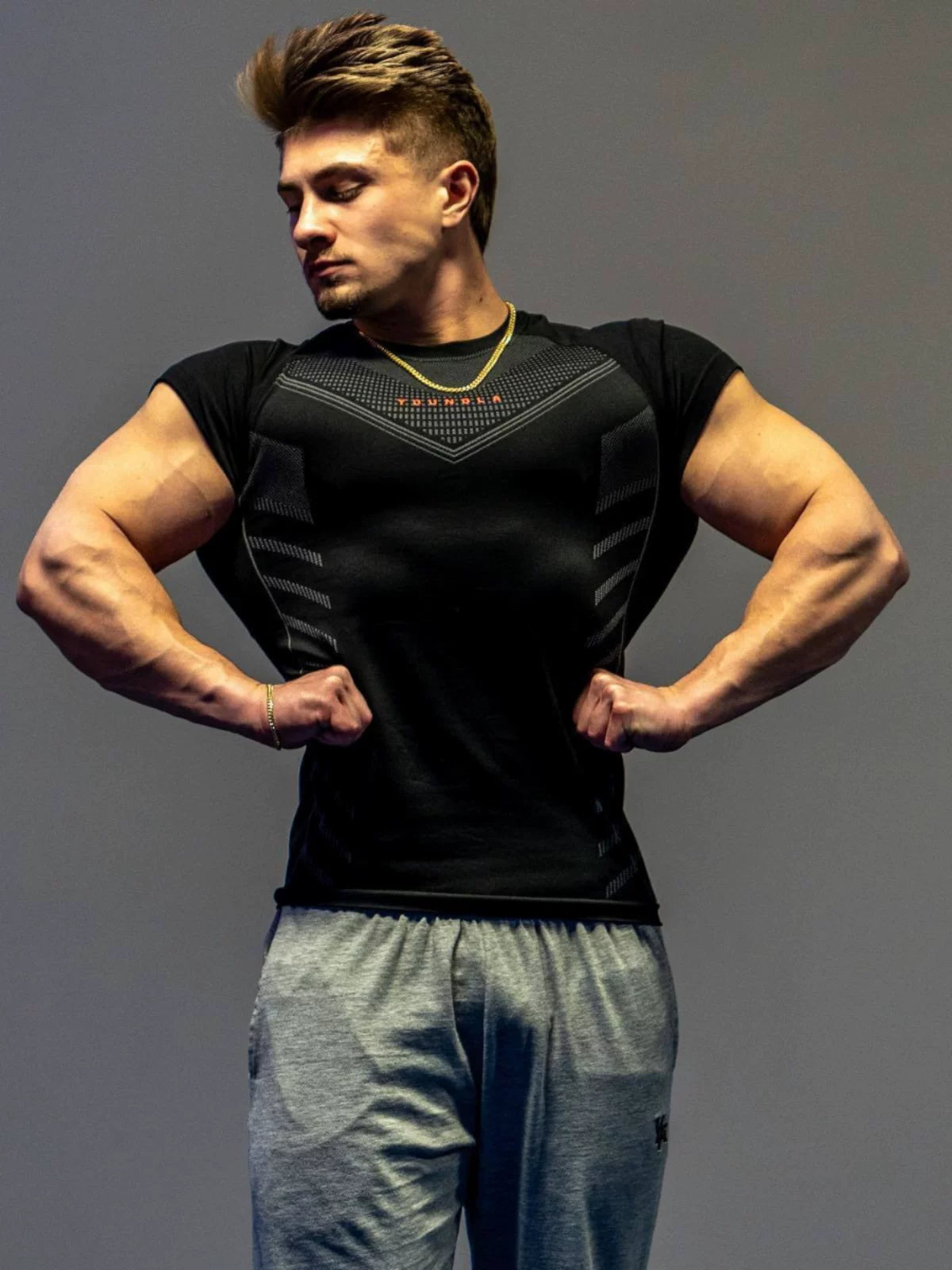 European and American trendy brand Youngla fitness clothes, sports t-shirts, high elasticity training muscle tight fitting clothes, men's short sleeves, cross-border foreign trade