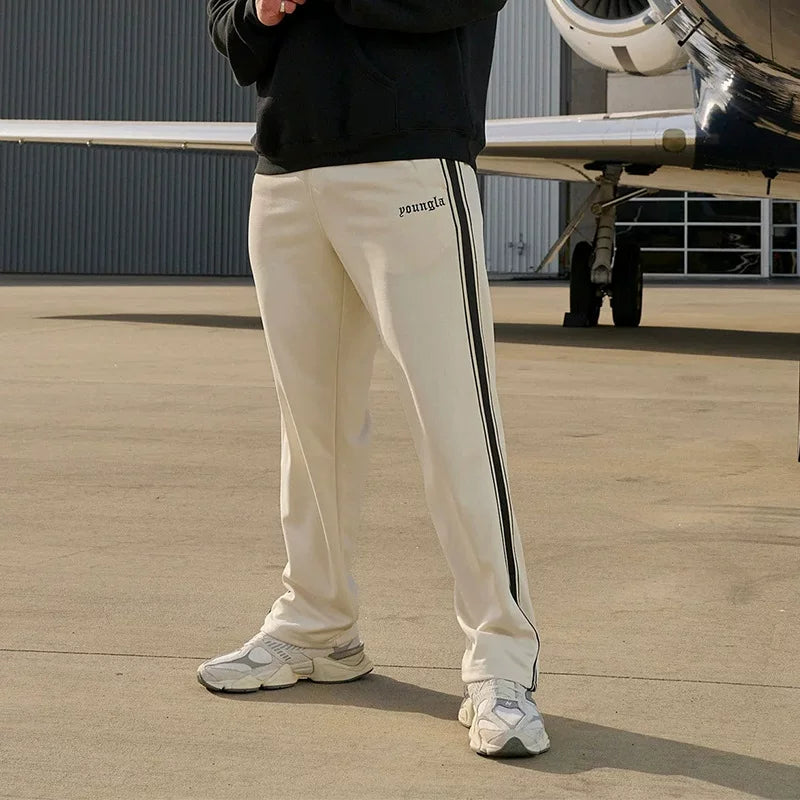 Cross border foreign trade black and white ribbon splicing casual pants men's striped embroidery fitness running sports pants straight leg sweatpants