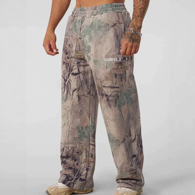 American fashion brand YOONGLA camouflage withered tree sports straight leg pants with digital printing fitness loose wide leg pants for men