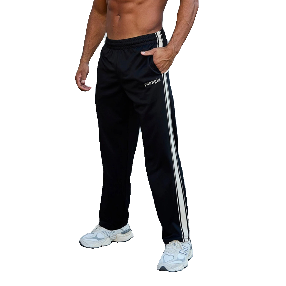 Cross border foreign trade black and white ribbon splicing casual pants men's striped embroidery fitness running sports pants straight leg sweatpants