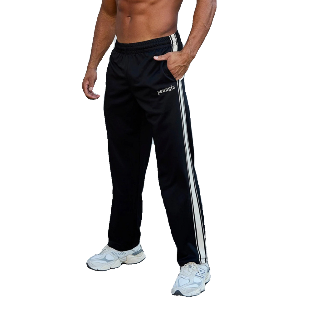 Cross border foreign trade black and white ribbon splicing casual pants men's striped embroidery fitness running sports pants straight leg sweatpants