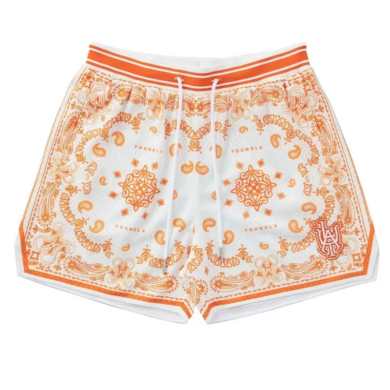 Summer New Retro American Cashew Flower Shorts for Men and Women's Fitness Running Sports Basketball Pants Over Knee Quarters