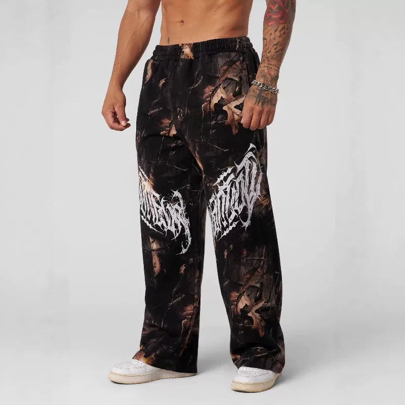 American fashion brand YOONGLA leaf camouflage sports pants for men's fitness training, jogging, leisure, wide leg pants