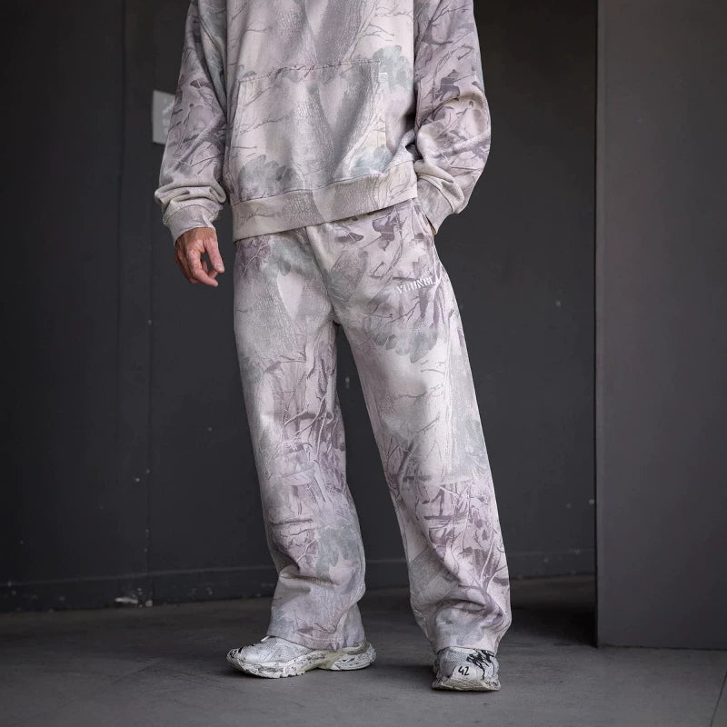 American fashion brand YOONGLA camouflage withered tree sports straight leg pants with digital printing fitness loose wide leg pants for men